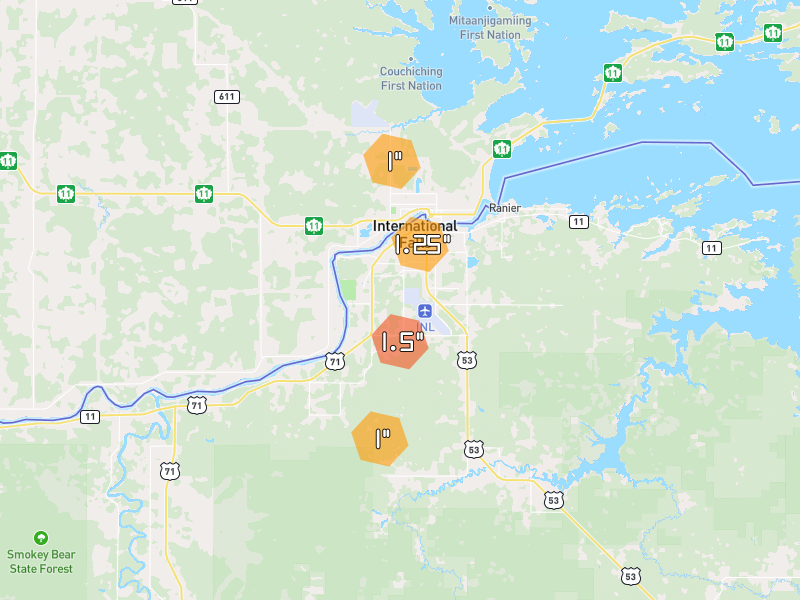 Hail map of International Falls, MN on Jun 30, 2026, hail up to 1.5"