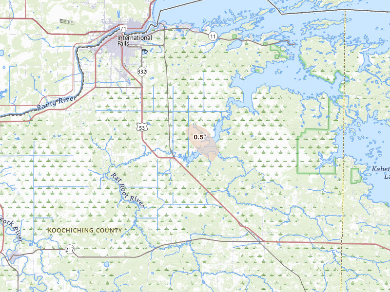 Radar-estimated hail-size map of the storm over International Falls, MN on Aug 20, 2026