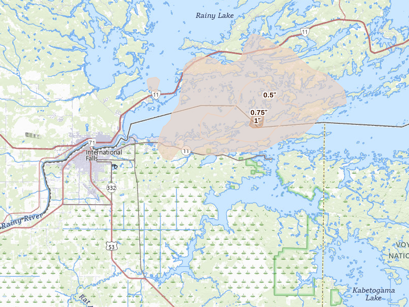 Radar-estimated hail-size map of the storm over International Falls, MN on Aug 25, 2026