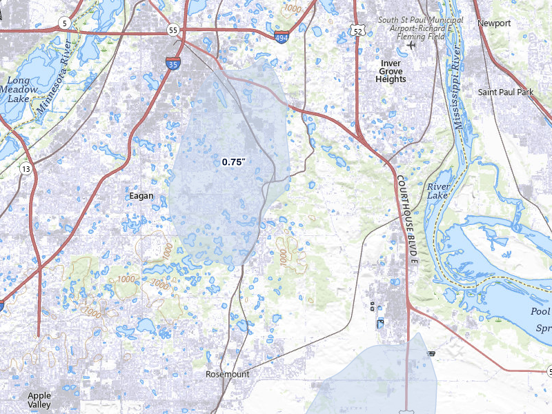 NEXRAD radar-signature map of the hail over Inver Grove Heights, MN