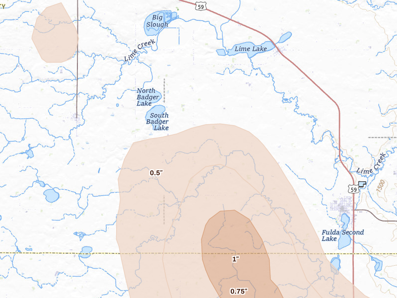 Radar-estimated hail-size map of the storm over Iona, MN on May 24, 2026