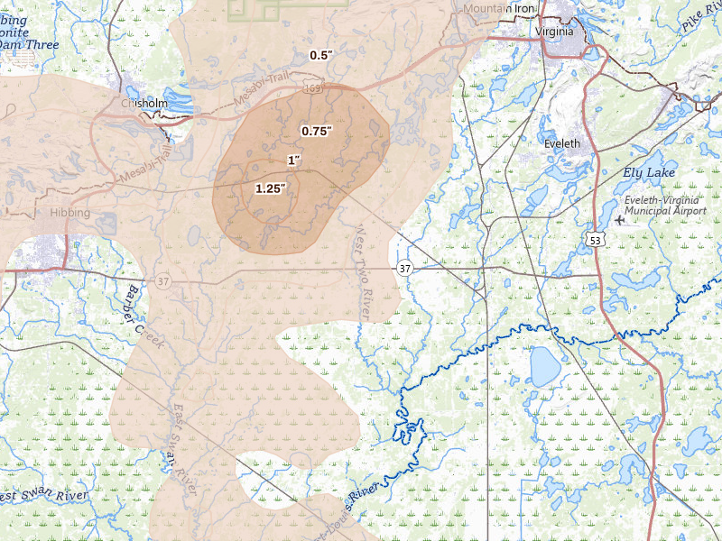Radar-estimated hail-size map of the storm over Iron, MN on Jun 29, 2026