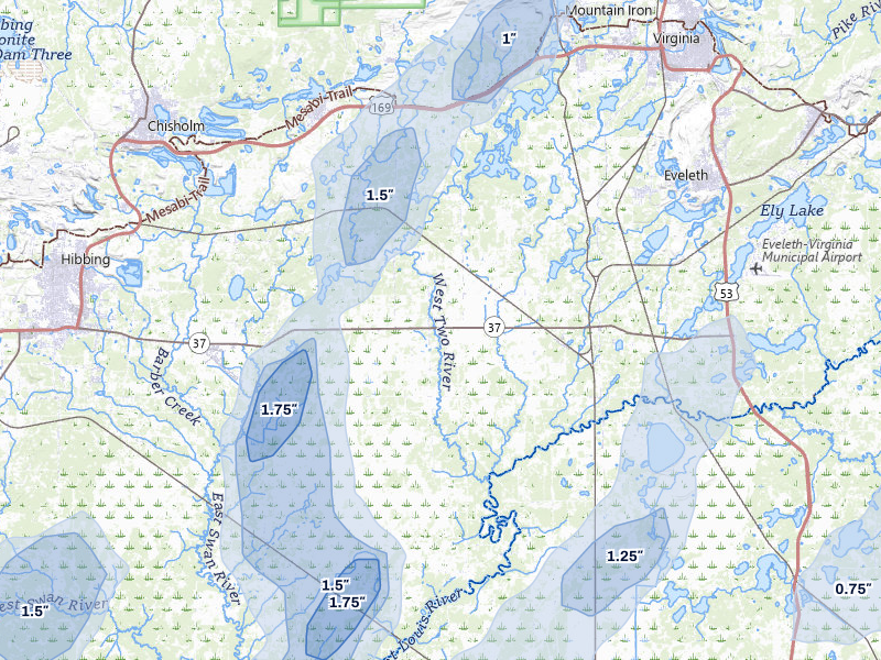 NEXRAD radar-signature map of the hail storm over Iron, MN on Jun 29, 2026