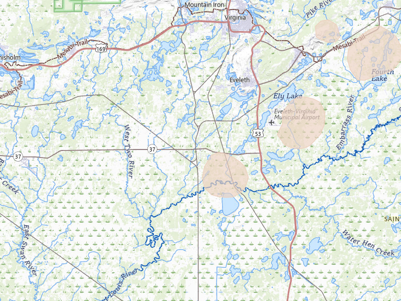 Radar-estimated hail-size map of the storm over Iron, MN on Aug 3, 2026