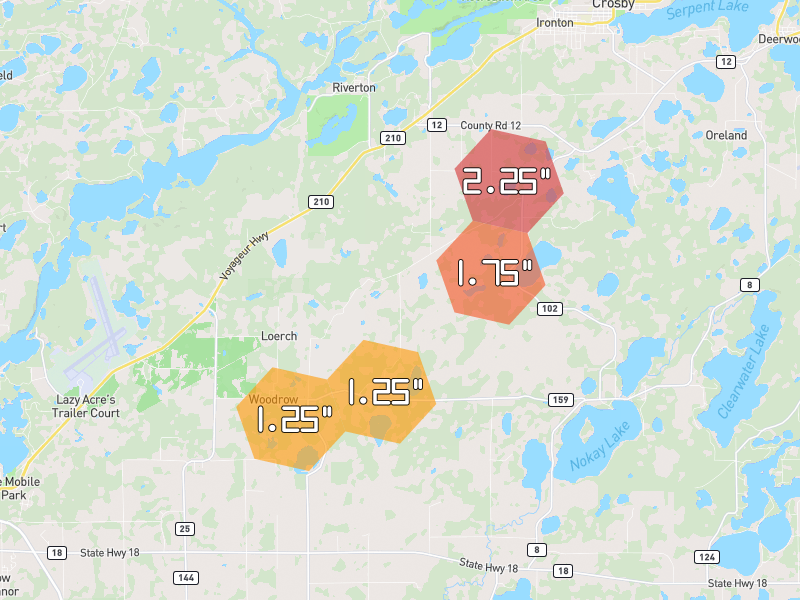 Hail map of Ironton, MN on Jun 29, 2026, hail up to 2.25"