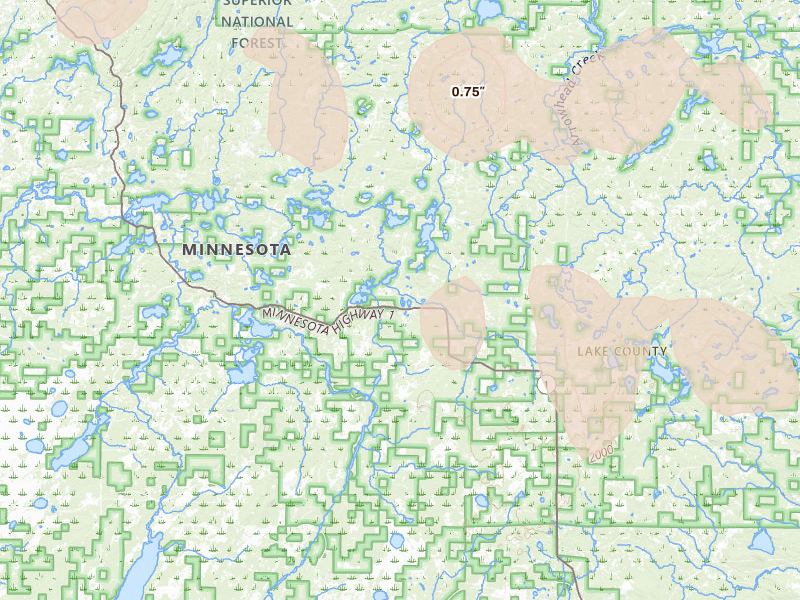 Radar-estimated hail-size map of the storm over Isabella, MN on Jul 19, 2026