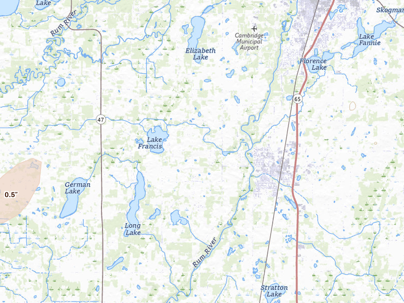 Radar-estimated hail-size map of the storm over Isanti, MN on May 18, 2026