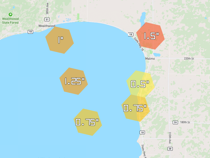 Hail map of Isle, MN on Jun 30, 2026, hail up to 1.5"