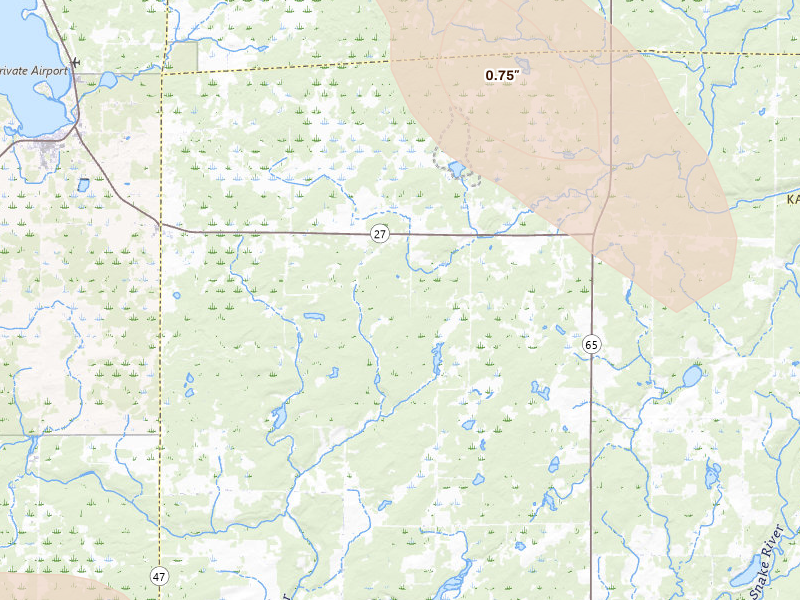 Radar-estimated hail-size map of the storm over Isle, MN on Jul 4, 2026