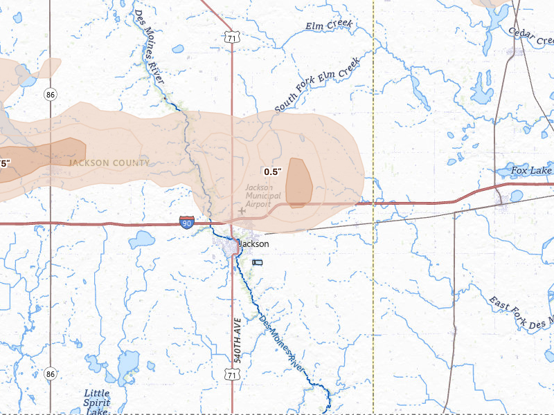 Radar-estimated hail-size map of the storm over Jackson, MN on Apr 13, 2026