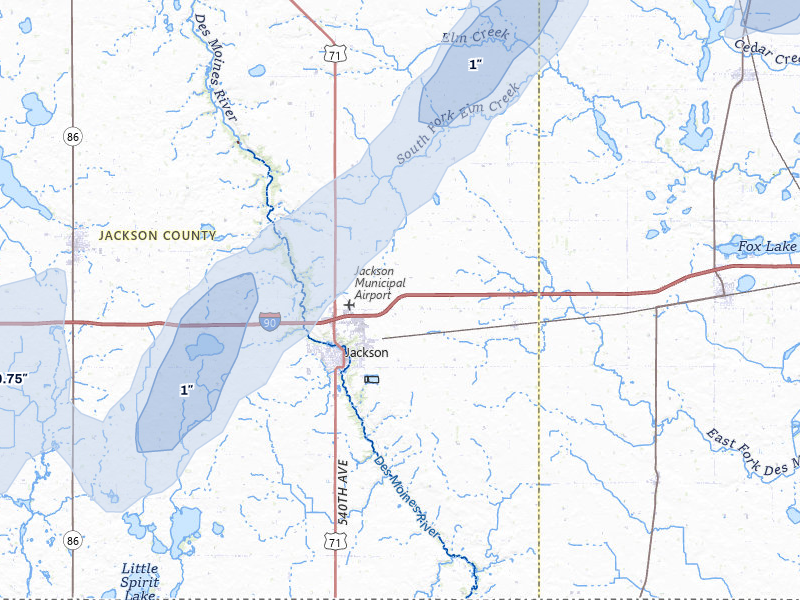 NEXRAD radar-signature map of the hail over Jackson, MN
