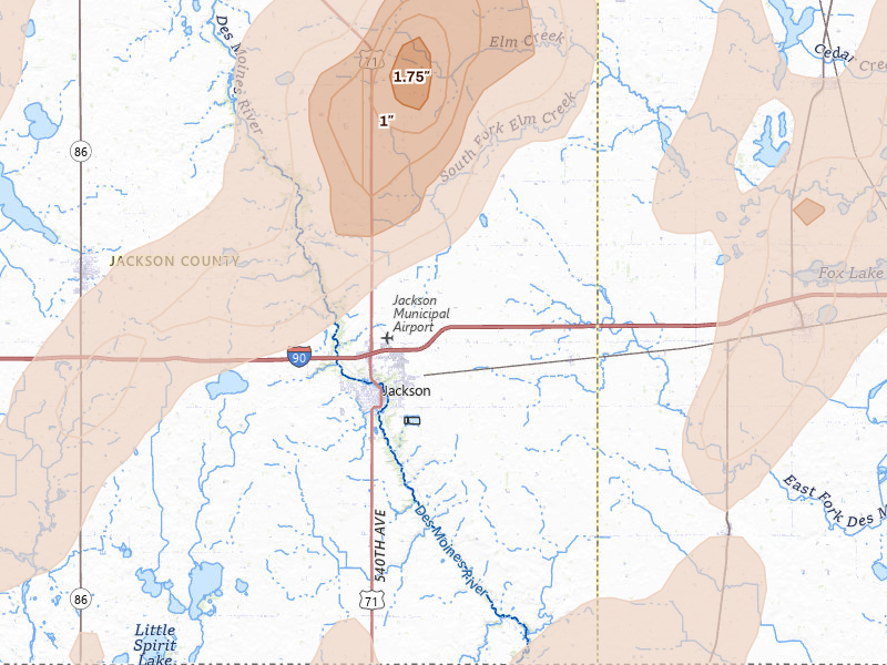 Radar-estimated hail-size map of the storm over Jackson, MN on May 17, 2026