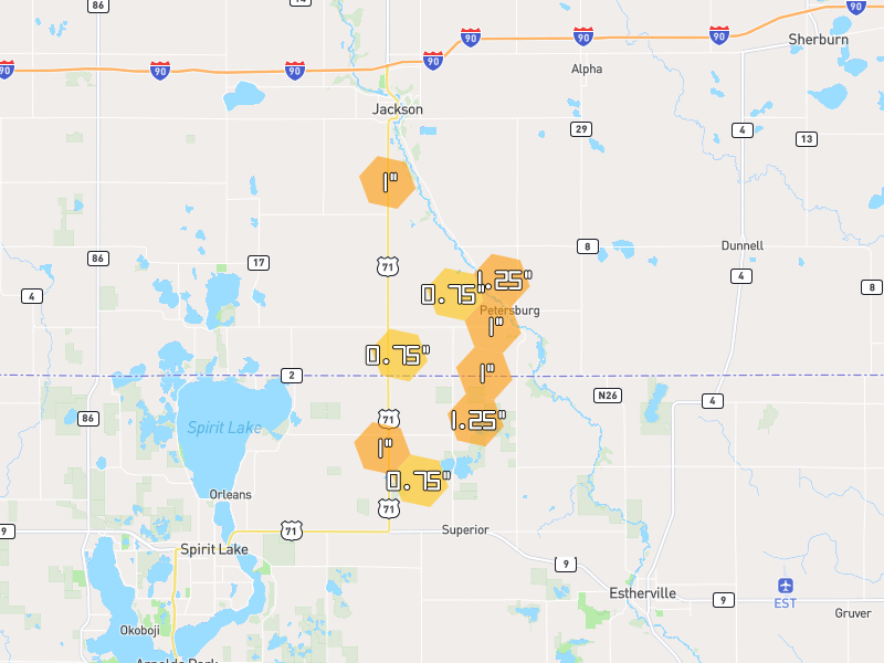 Hail map of Jackson, MN on Jul 1, 2026, hail up to 1.25"