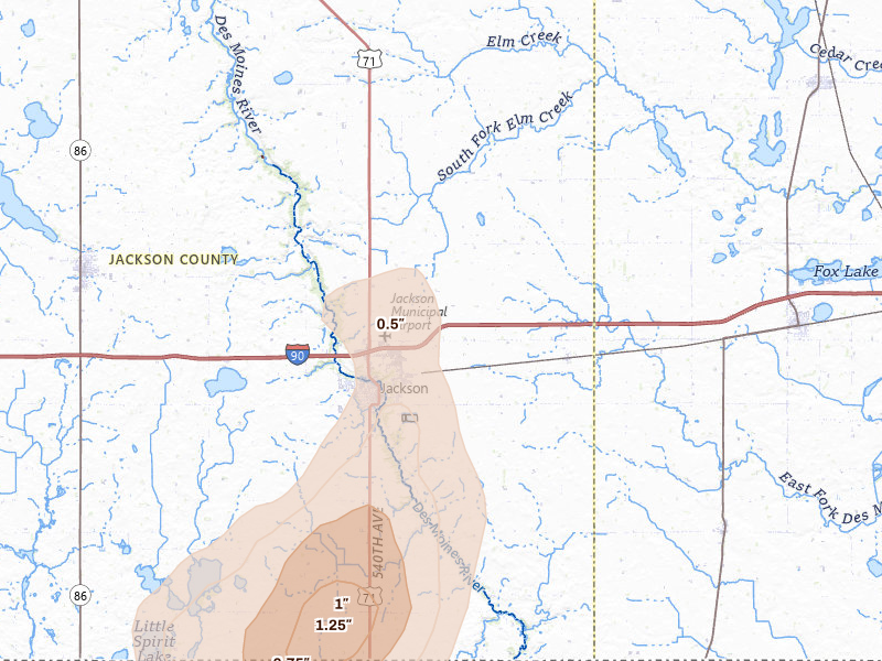 Radar-estimated hail-size map of the storm over Jackson, MN on Jul 2, 2026