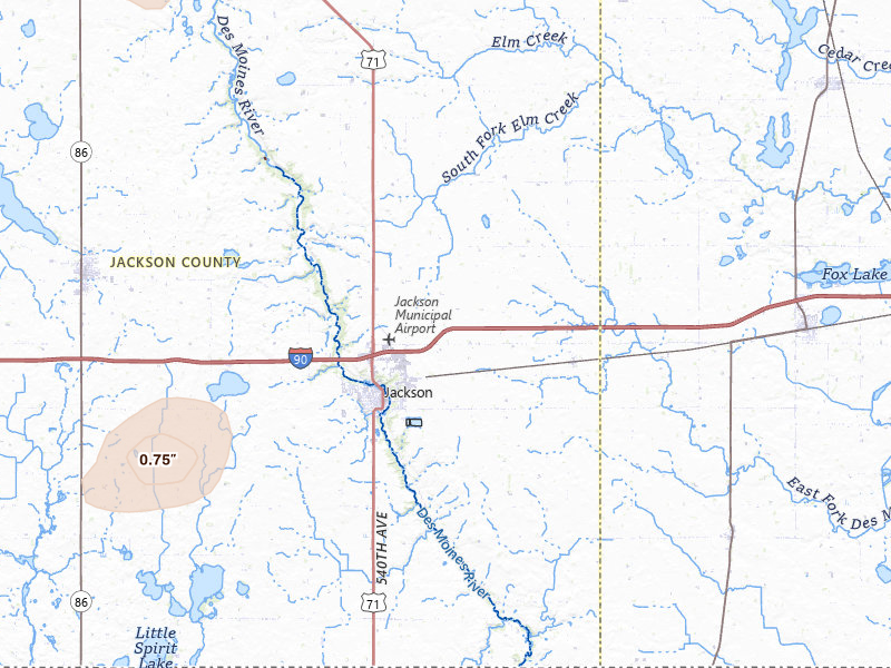 Radar-estimated hail-size map of the storm over Jackson, MN on Jul 4, 2026
