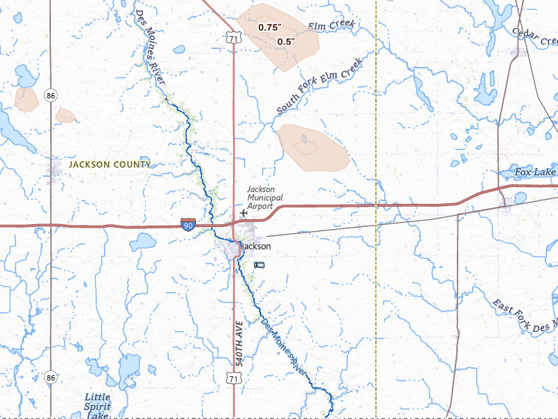 Radar-estimated hail-size map of the storm over Jackson, MN on Jul 25, 2026