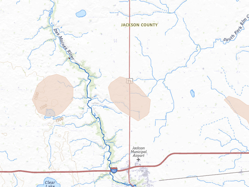 Radar-estimated hail-size map of the storm over Jackson, MN on Aug 28, 2026