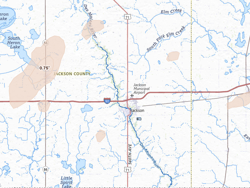 Radar-estimated hail-size map of the storm over Jackson, MN on Sep 1, 2026