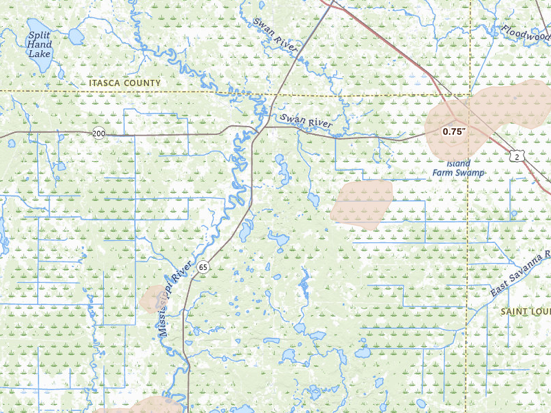 Radar-estimated hail-size map of the storm over Jacobson, MN on Jul 2, 2026