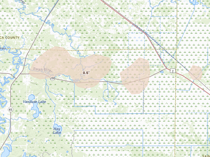 Radar-estimated hail-size map of the storm over Jacobson, MN on Aug 7, 2026