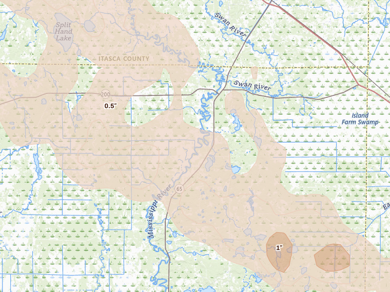 Radar-estimated hail-size map of the storm over Jacobson, MN on Sep 3, 2026