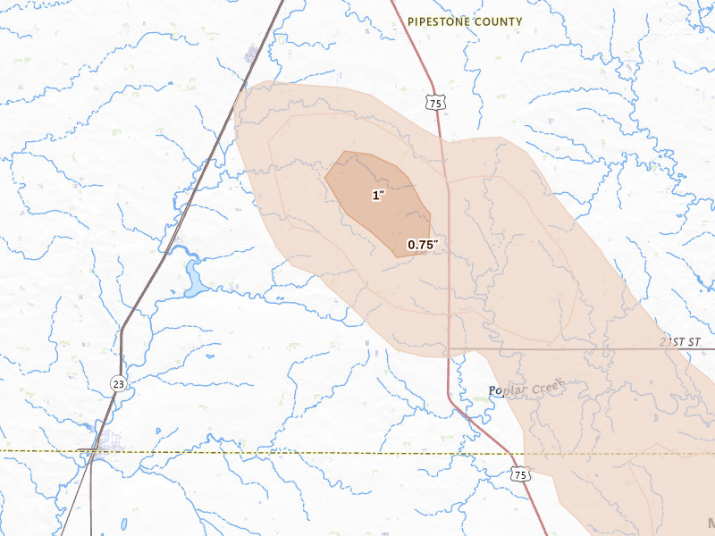 Radar-estimated hail-size map of the storm over Jasper, MN on Aug 18, 2026