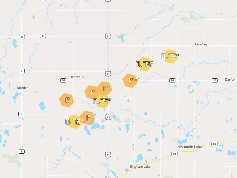 Hail map of Jeffers, MN on Jul 2, 2026, hail up to 1"