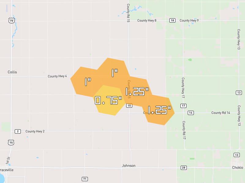 Hail map of Johnson, MN on Jul 7, 2026, hail up to 1.25"