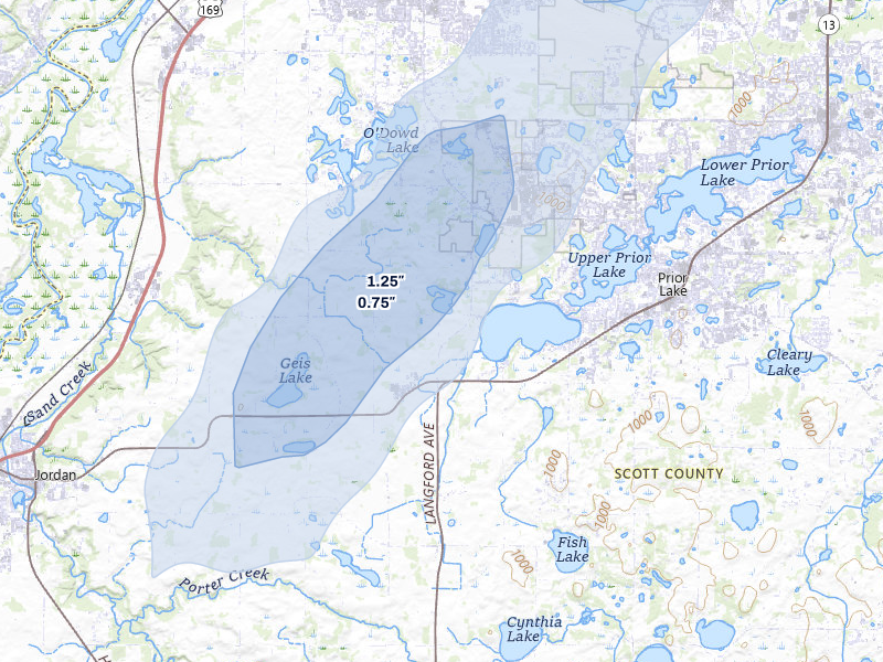 NEXRAD radar-signature map of the hail over Jordan, MN
