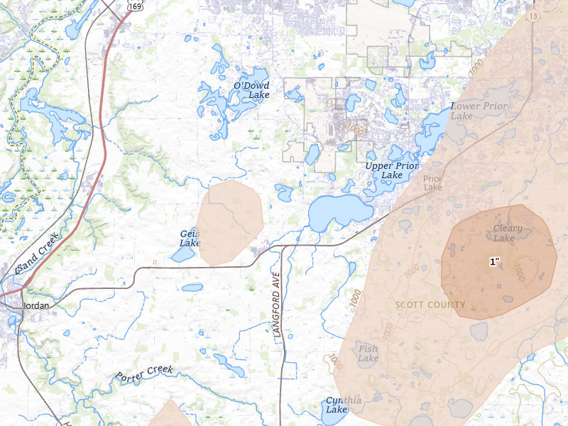 Radar-estimated hail-size map of the storm over Jordan, MN on Jun 9, 2026