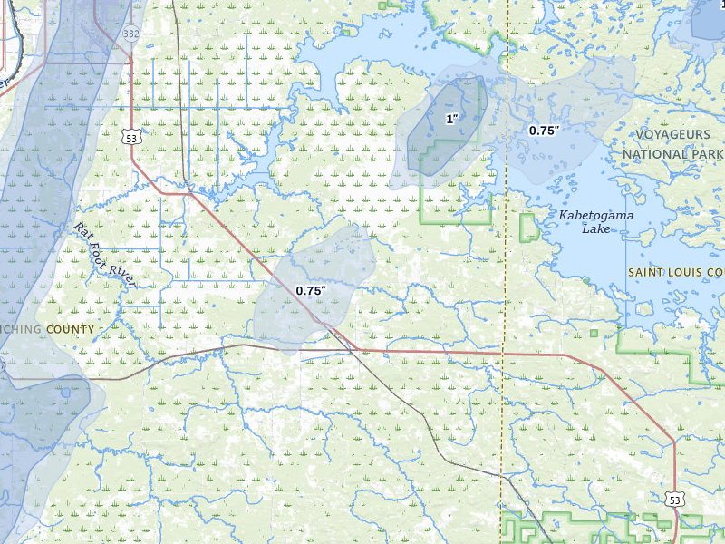 NEXRAD radar-signature map of the hail storm over Kabetogama, MN on Jun 29, 2026