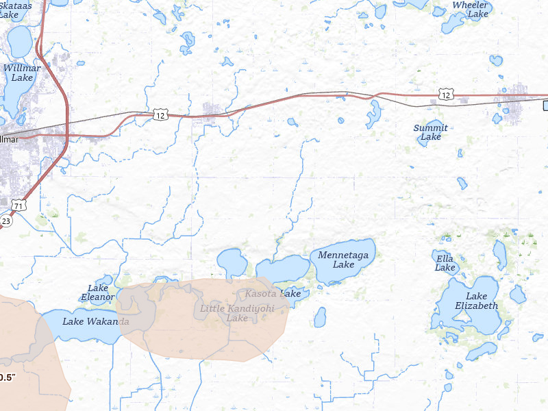 Radar-estimated hail-size map of the storm over Kandiyohi, MN on May 24, 2026