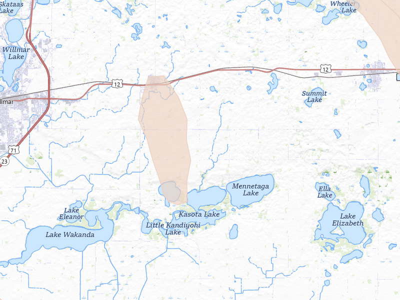 Radar-estimated hail-size map of the storm over Kandiyohi, MN on Jul 4, 2026