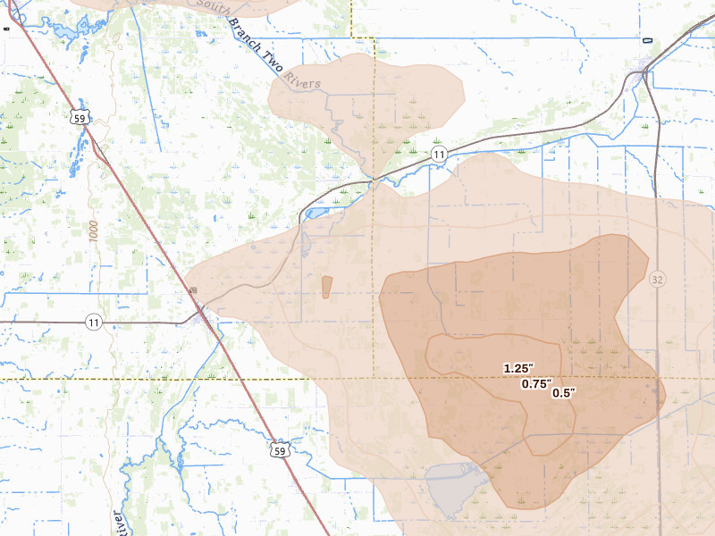 Radar-estimated hail-size map of the storm over Karlstad, MN on Jul 6, 2026