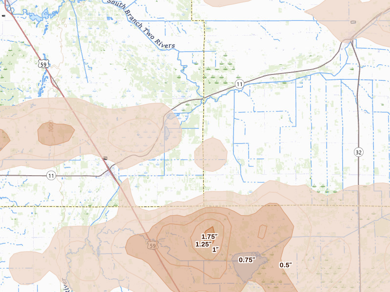 Radar-estimated hail-size map of the storm over Karlstad, MN on Jul 24, 2026