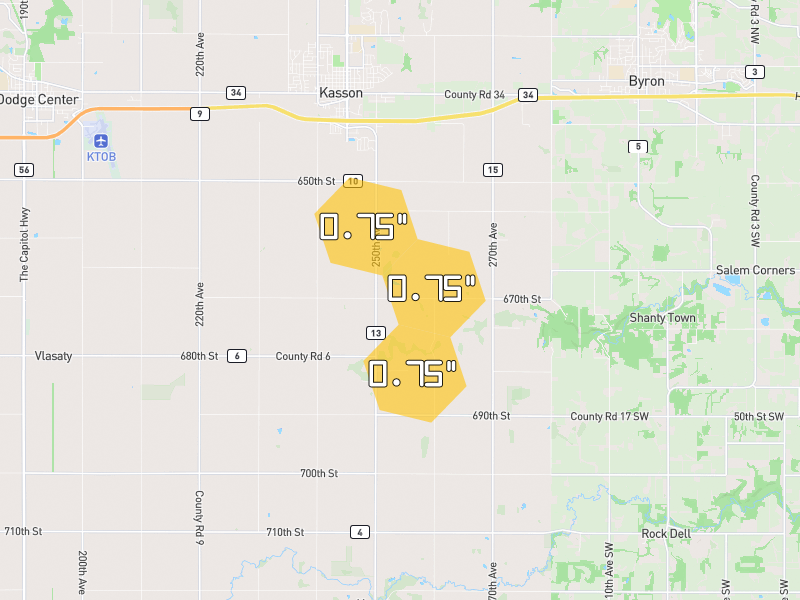 Hail map of Kasson, MN on Jul 1, 2026, hail up to 0.75"