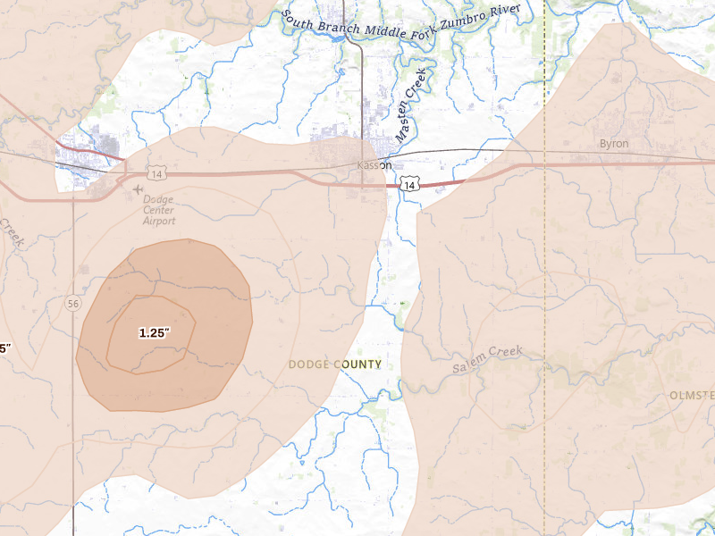 Radar-estimated hail-size map of the storm over Kasson, MN on Sep 1, 2026
