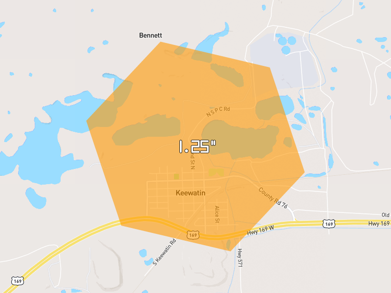 Hail map of Keewatin, MN on Jun 29, 2026, hail up to 1.25"