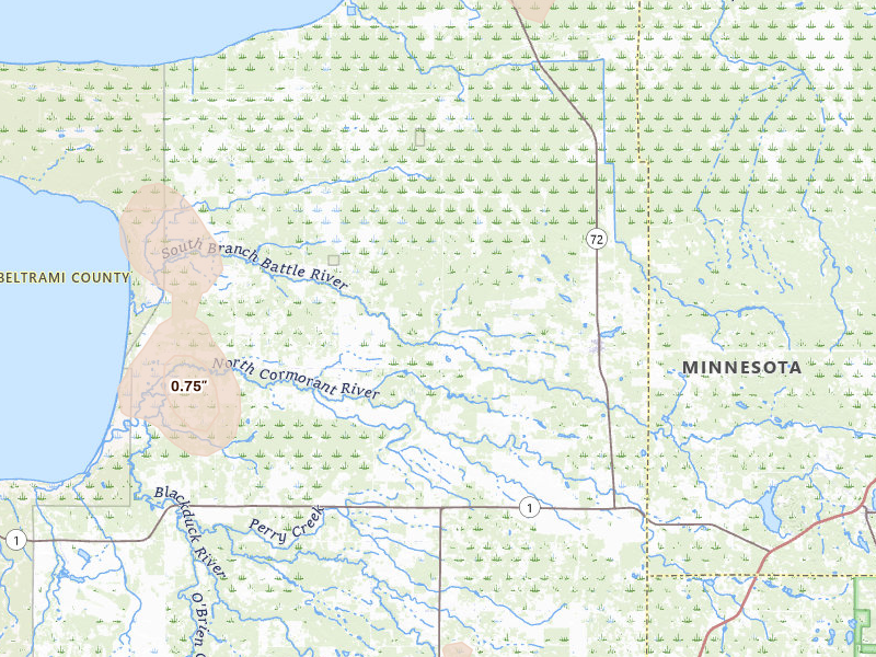 Radar-estimated hail-size map of the storm over Kelliher, MN on Jun 9, 2026