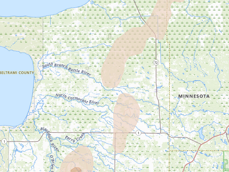 Radar-estimated hail-size map of the storm over Kelliher, MN on Jun 10, 2026