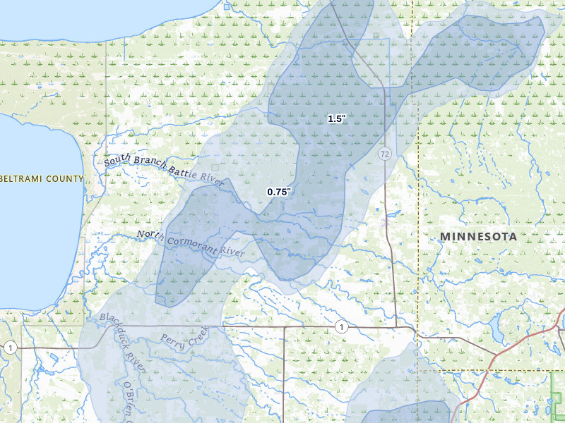 NEXRAD radar-signature map of the hail storm over Kelliher, MN on Jun 29, 2026