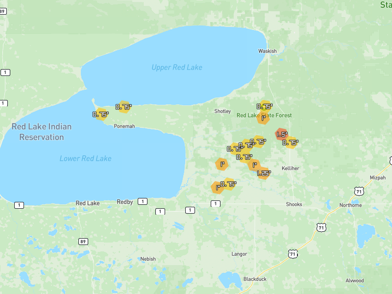 Hail map of Kelliher, MN on Jun 30, 2026, hail up to 1.5"
