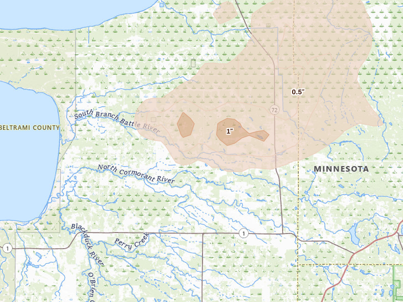 Radar-estimated hail-size map of the storm over Kelliher, MN on Jul 6, 2026