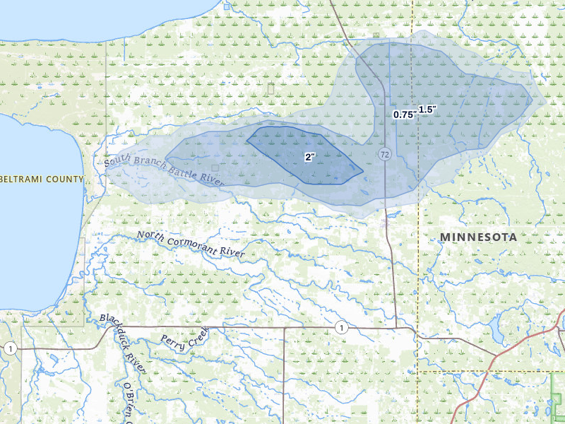 NEXRAD radar-signature map of the hail storm over Kelliher, MN on Jul 6, 2026