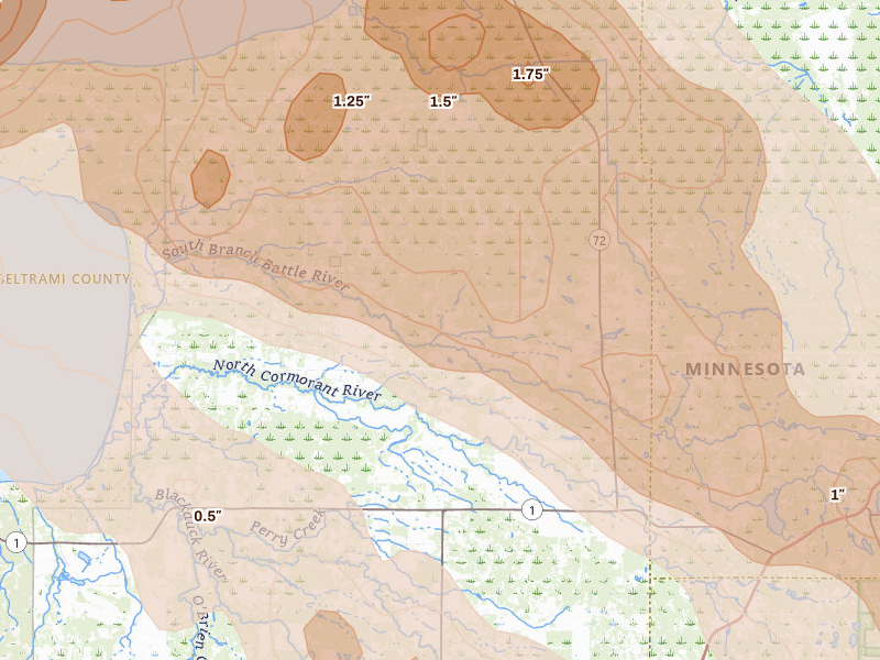 Radar-estimated hail-size map of the storm over Kelliher, MN on Jul 24, 2026