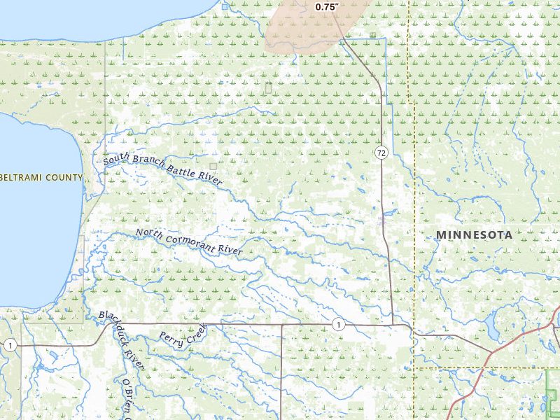 Radar-estimated hail-size map of the storm over Kelliher, MN on Jul 30, 2026