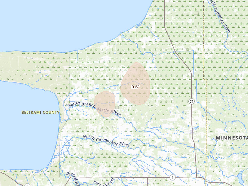 Radar-estimated hail-size map of the storm over Kelliher, MN on Aug 3, 2026