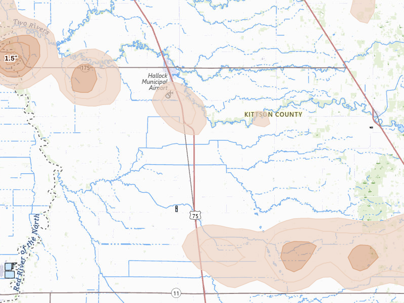 Radar-estimated hail-size map of the storm over Kennedy, MN on Jul 24, 2026