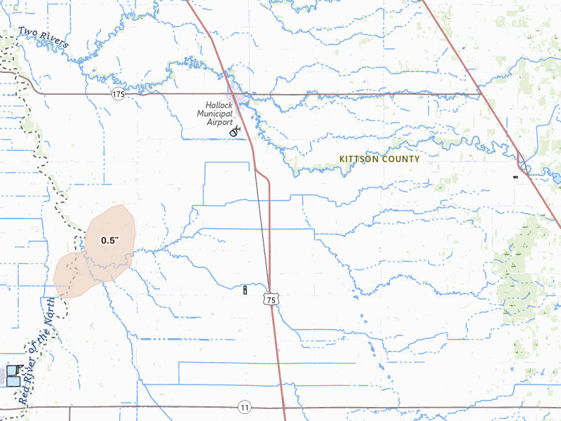 Radar-estimated hail-size map of the storm over Kennedy, MN on Jul 26, 2026