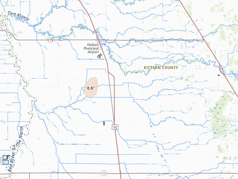 Radar-estimated hail-size map of the storm over Kennedy, MN on Jul 30, 2026